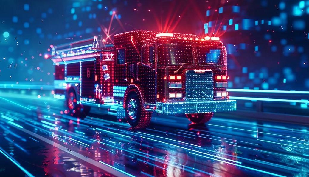 A digitally rendered fire truck with glowing neon lights, driving on a futuristic, illuminated road with a blurred, colorful background.