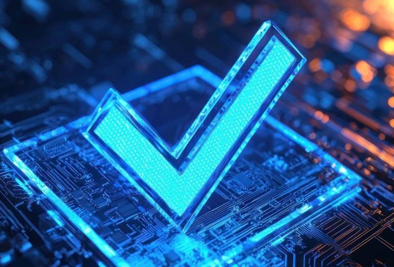 A  blue checkmark over a digital circuit board, symbolizing technology approval or verification.