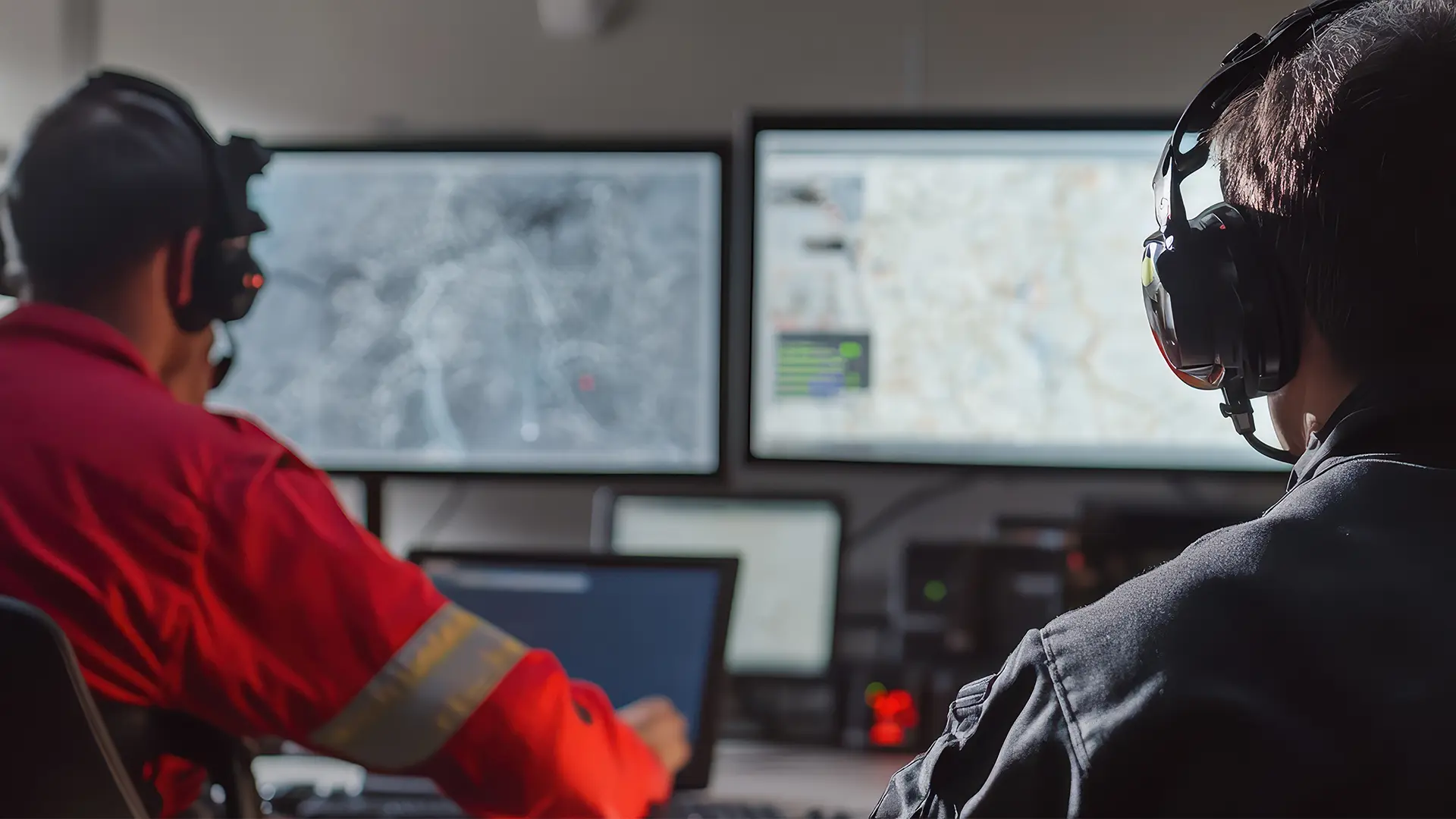 Photograph of two individuals in a control room using BlackBerry AtHoc on multiple screens, showcasing advanced crisis coordination through technology and human expertise.