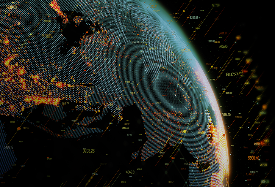 Eine digitale Darstellung der Erde bei Nacht, die beleuchtete Städte und Datenpunkte auf allen Kontinenten mit Gitterlinien und numerischen Daten hervorhebt.